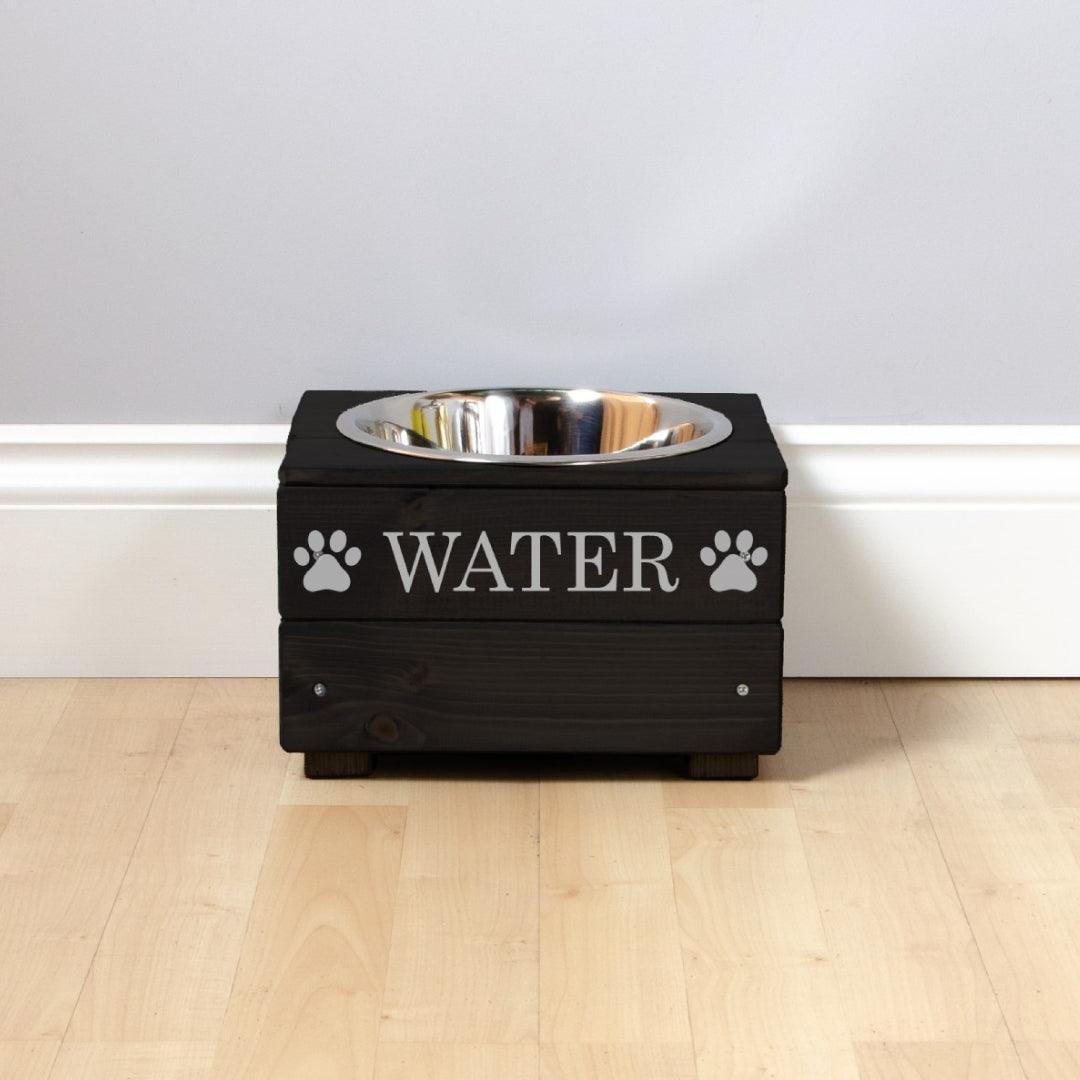 Personalised Black Wooden Single Dog Bowl Feeder With Silver Lettering