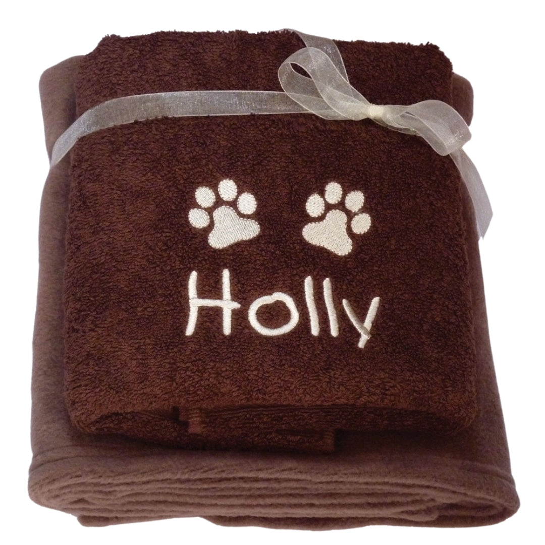 Personalised Dog Towel And Fleece Blanket Gift Set Chocolate