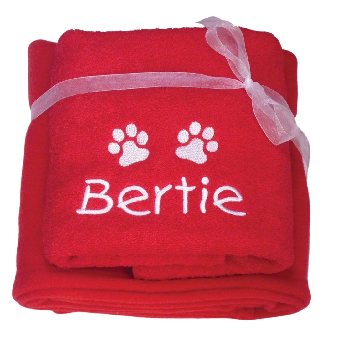 Personalised Dog Towel And Fleece Blanket Gift Set Red