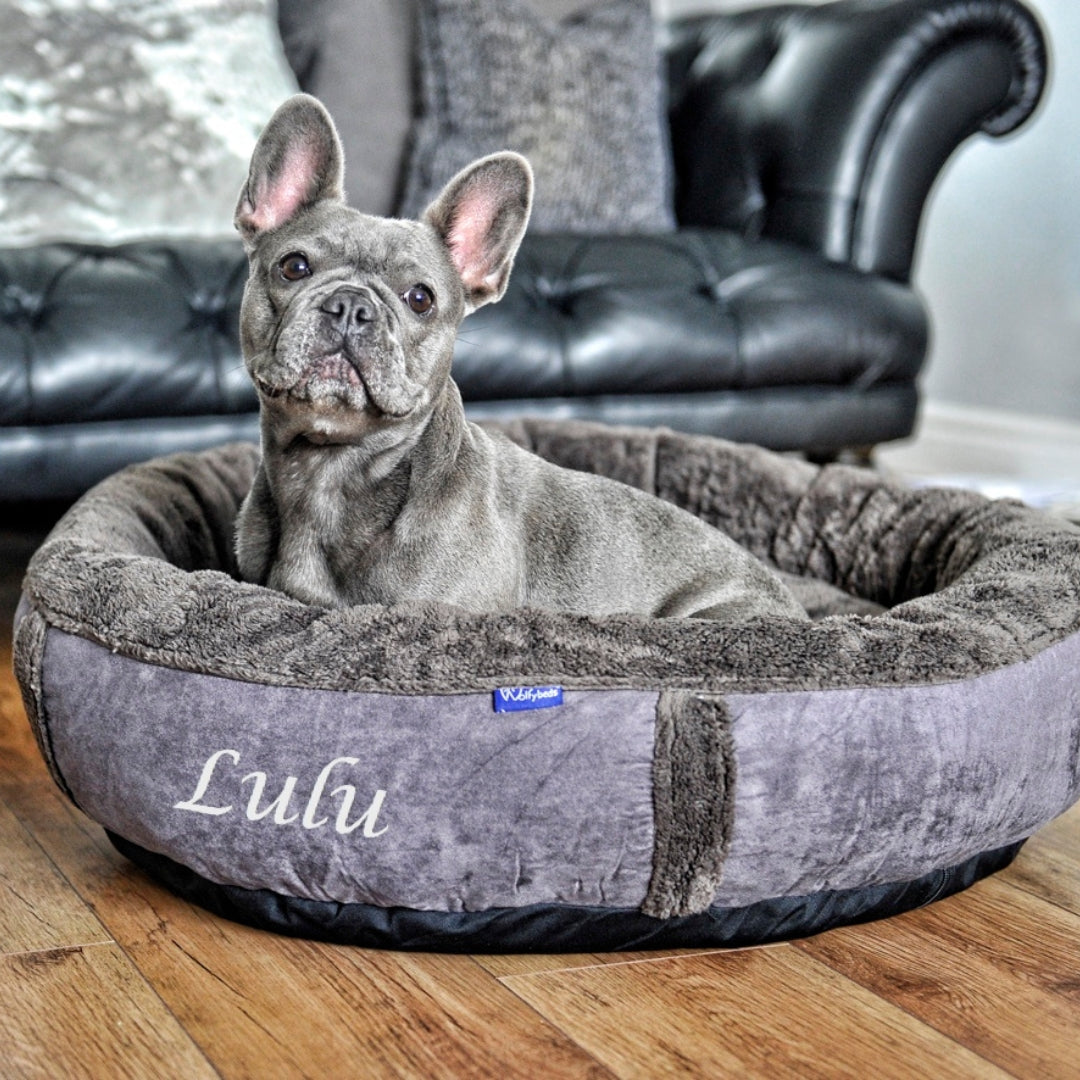 Personalised Slate Grey Fleece Donut Dog Bed