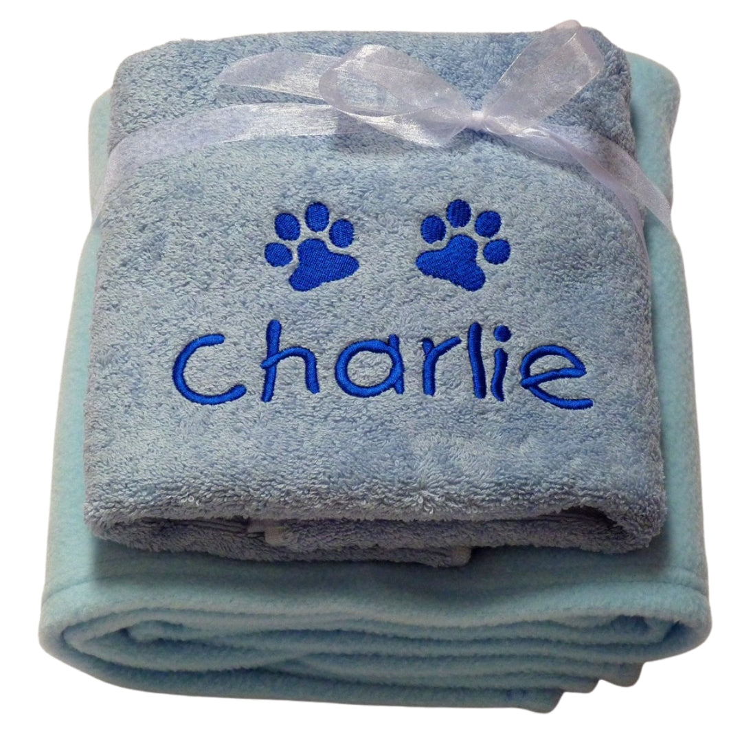 Personalised Towel And Fleece Puppy Blanket Gift Set Blue