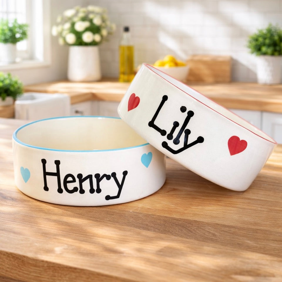 Personalised Ceramic Love Hearts Dog Bowls