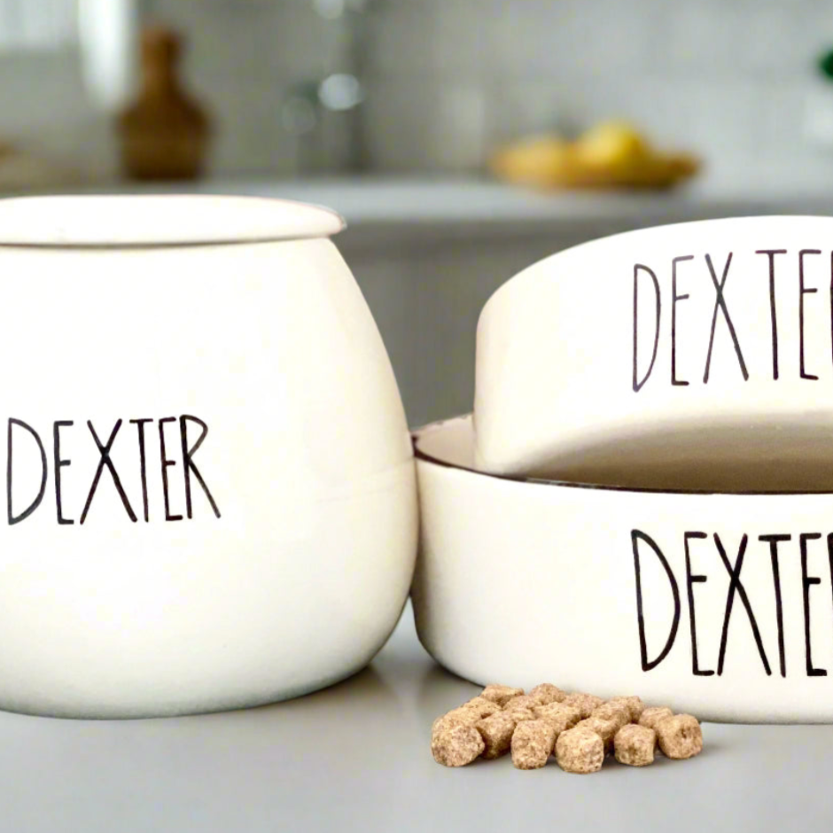 Personalised Dog Bowls and Treat Jar Set In Skinny Font Design