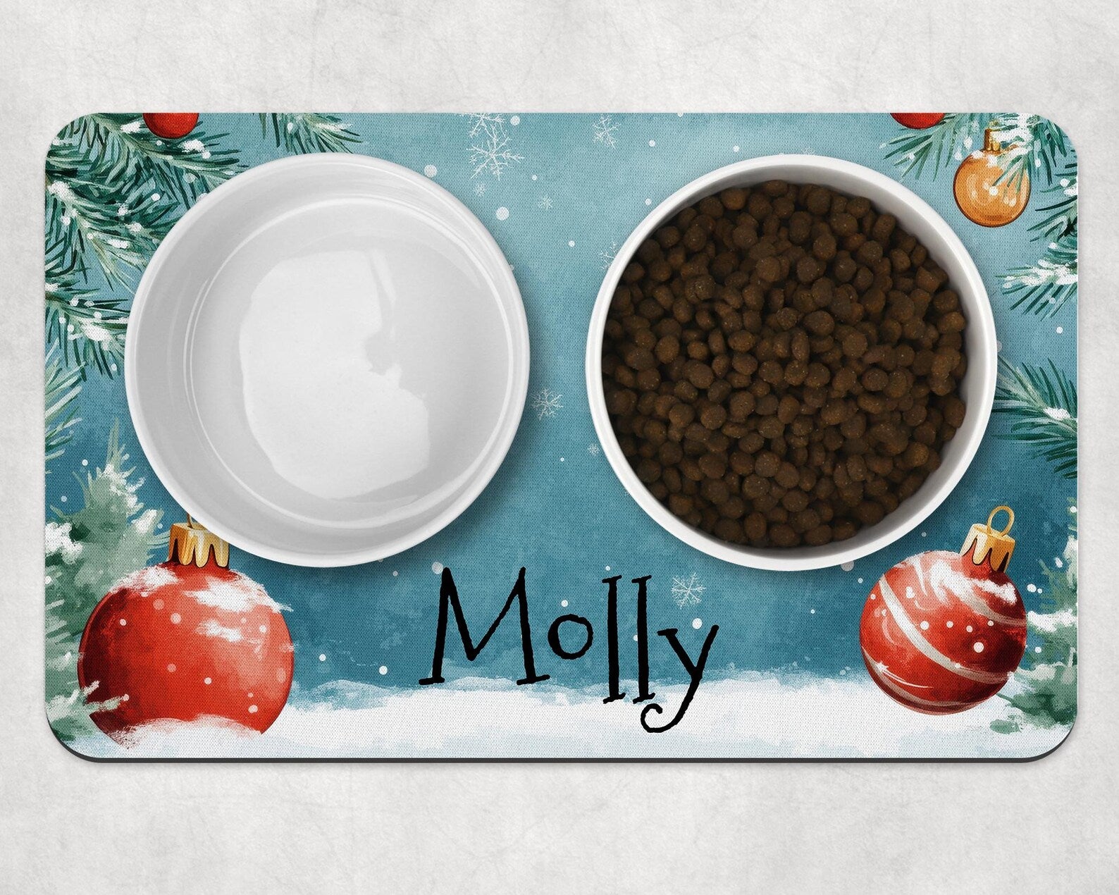 Personalised Festive Bauble & Snow Scene Dog Bowl Placemat