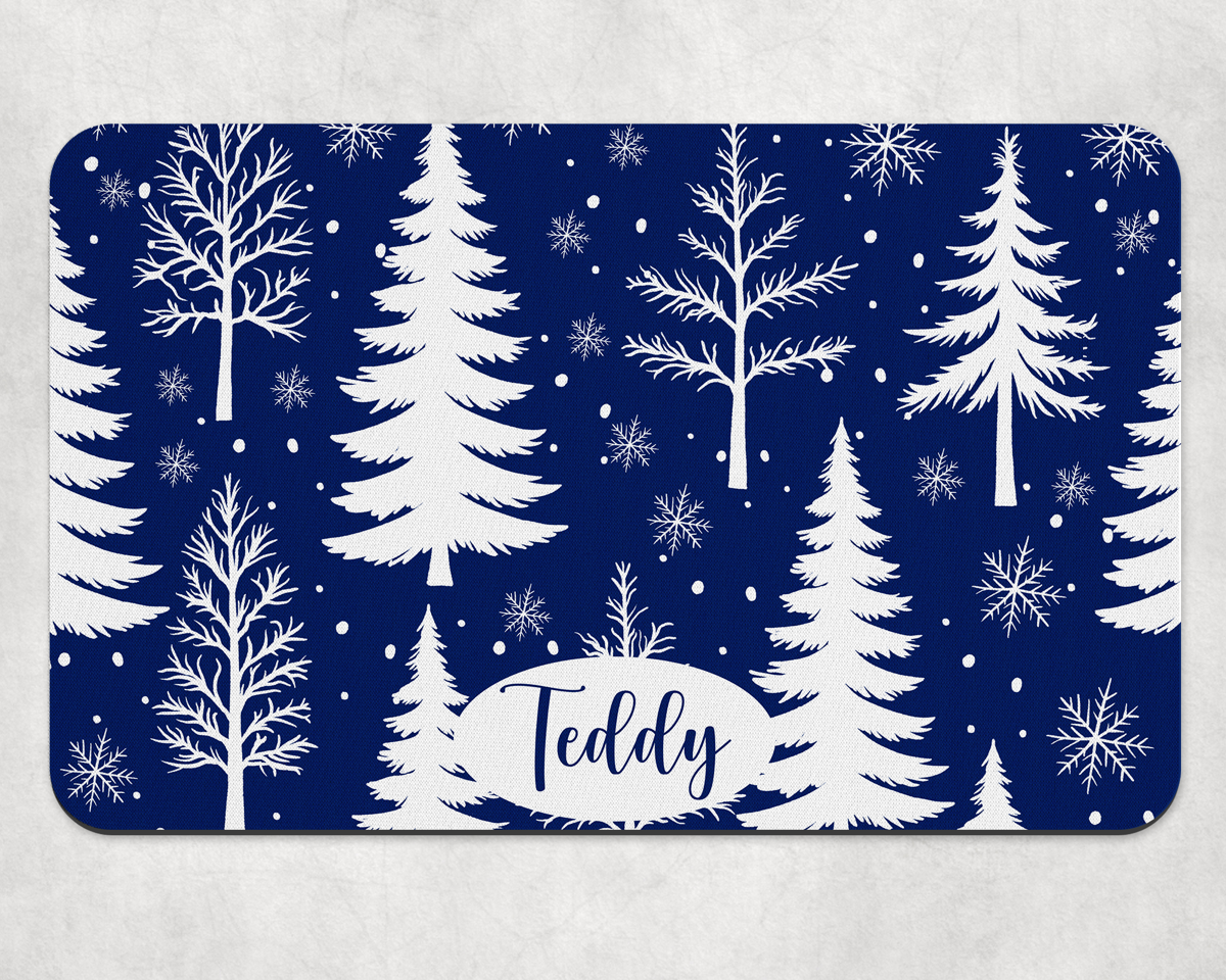 Personalised Festive Tree and Snowflake Dog Bowl Placemat - Navy Blue
