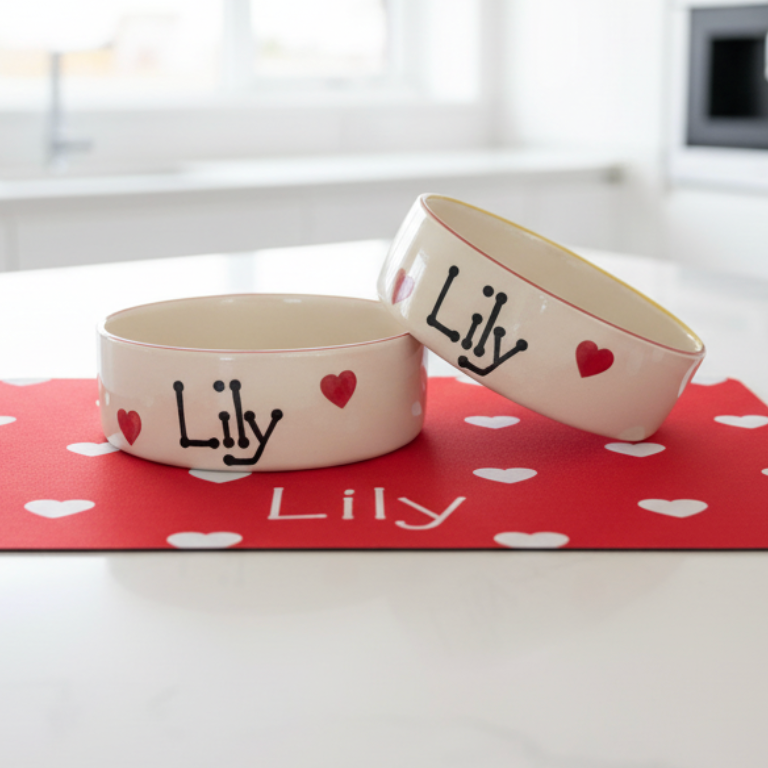 Personalised Love Heart Dog Bowl and Mat Set
