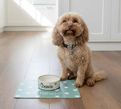 Personalised Love Heart Dog Bowl and Mat Set