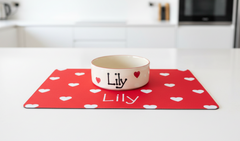 Personalised Love Heart Dog Bowl and Mat Set
