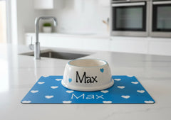 Personalised Love Heart Slanted Dog Bowl and Mat Set