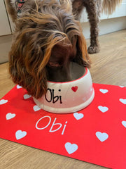 Personalised Love Heart Slanted Dog Bowl and Mat Set
