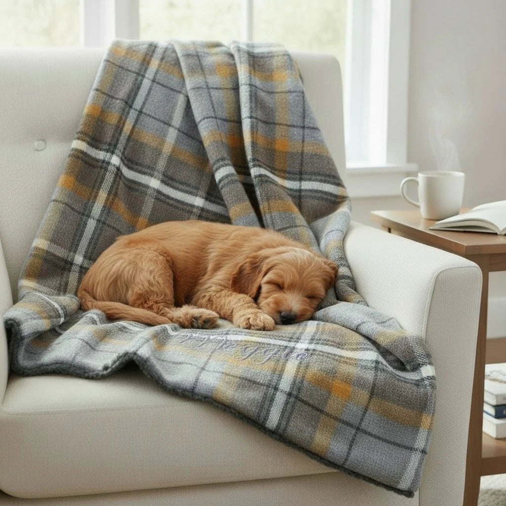 Personalised Luxury Double Layer Dog Blankets - Grey & Yellow Check