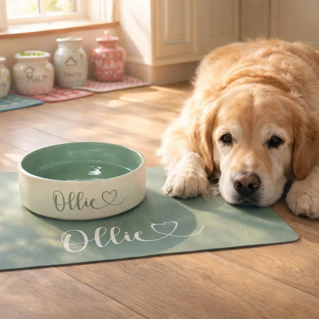 Personalised Monochrome Heart Font Dog Bowl and Mat Set