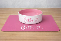 Personalised Monochrome Heart Font Dog Bowl and Mat Set