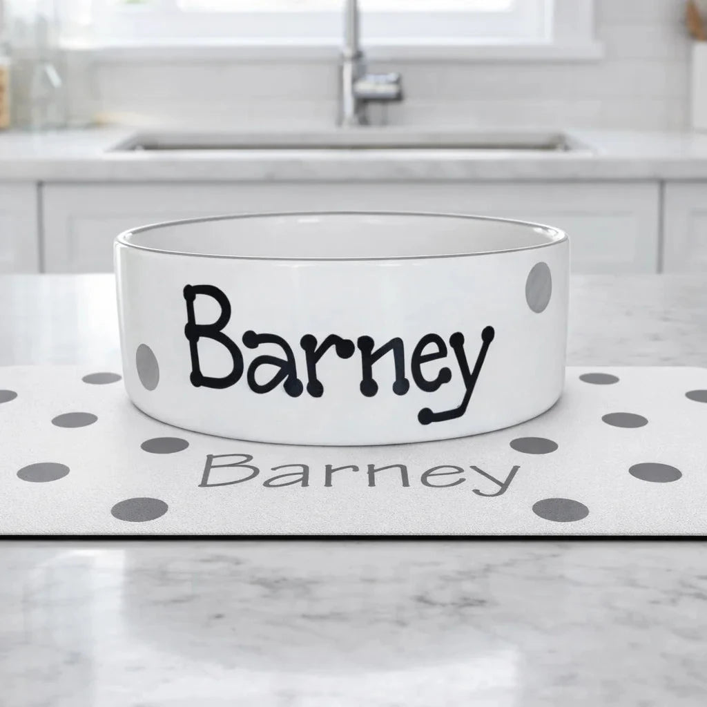 Personalised Polka Dot Confetti Dog Bowl and Mat Set