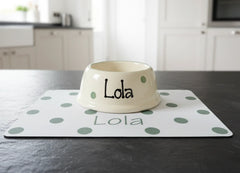 Personalised Polka Dot Confetti Slanted Dog Bowl and Mat Set