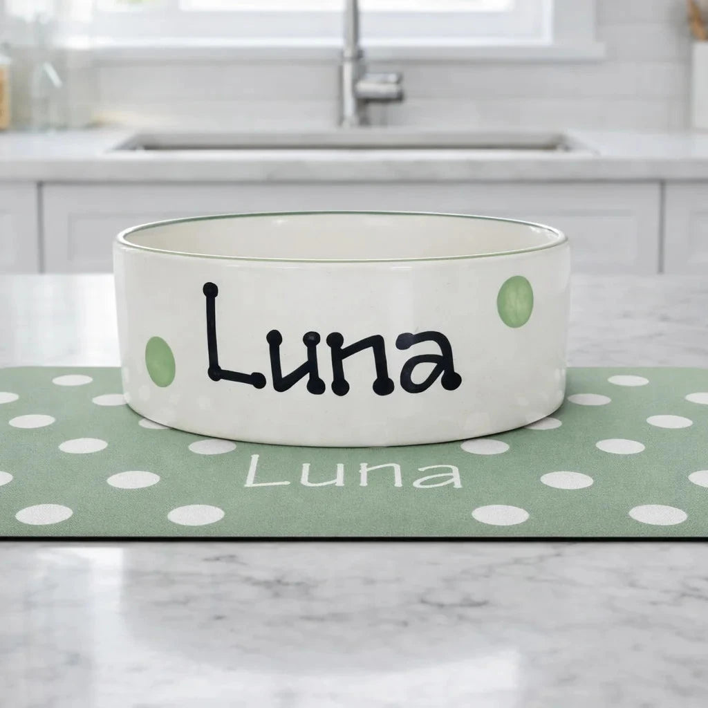 Personalised Polka Dot Dog Bowl and Mat Set