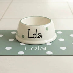 Personalised Polka Dot Slanted Dog Bowl and Mat Set