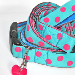 Tropical Turquoise and Pink Polka Dot Designer Dog Collar And Lead Set