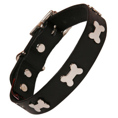 Creature Clothes Black Leather Dog Collar With Silver Bones
