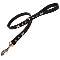 Creature Clothes Black Leather Dog Lead With Silver Bones
