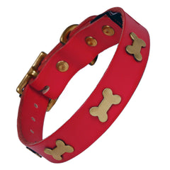 Creature Clothes Red Leather Dog Collar With Brass Bones