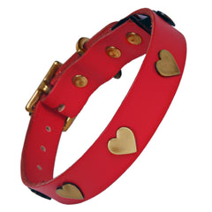 Creature Clothes Red Leather Dog Collar With Brass Hearts