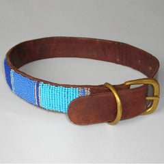 Designer Beaded Leather Dog Collar Blue Lagoon