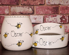 Personalised Dog Bowls And Treat Jar Set In Busy Bee Design