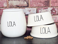 Personalised Skinny Font Slanted Dog Bowls And Treat Jar Set