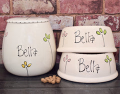 Personalised Petal Design Slanted Dog Bowls and Treat Jar Set