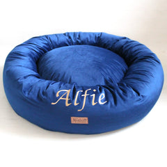 Personalised Donut Dog Bed In Cobalt Blue Velvet by Miaboo