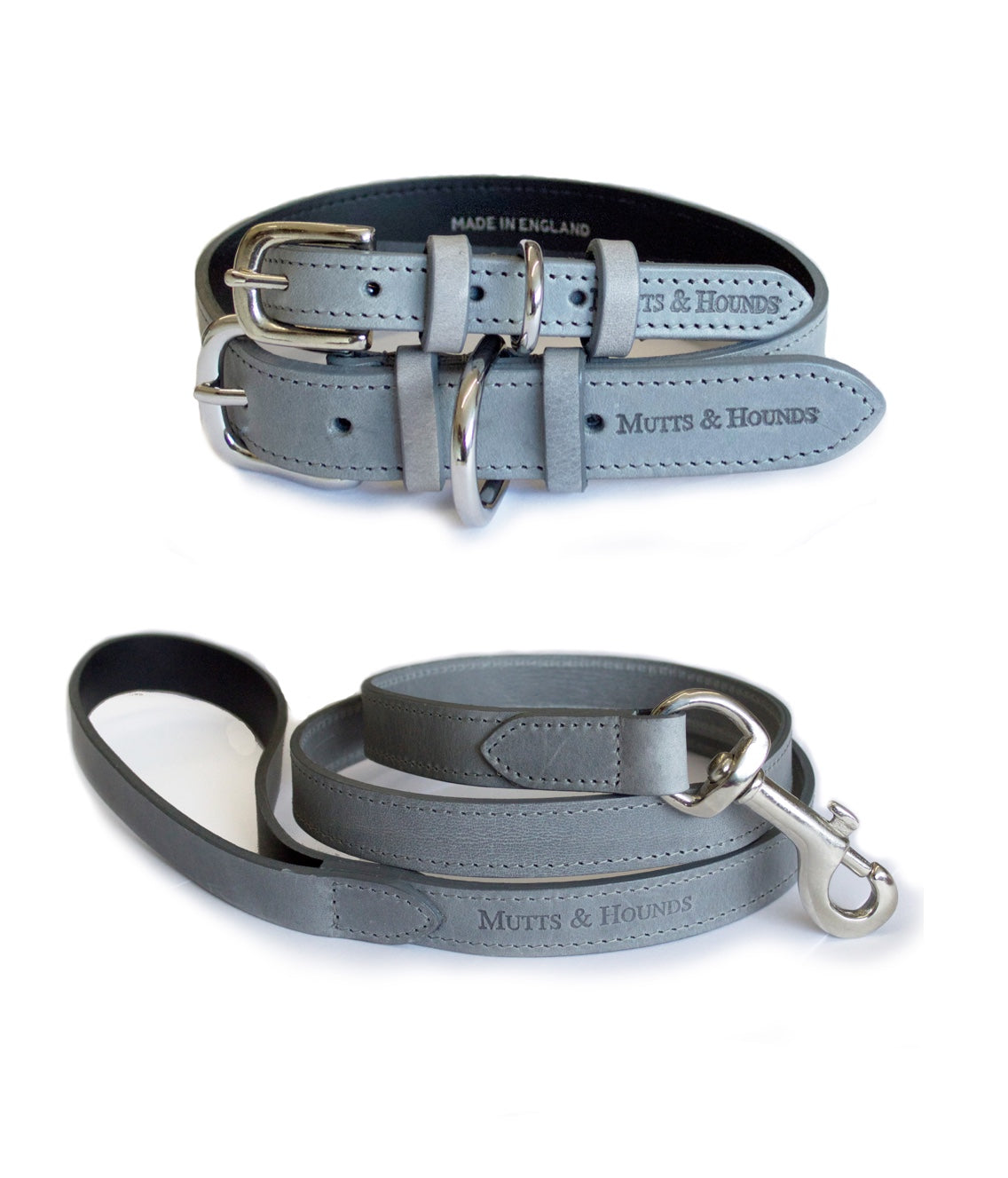 Mutts and Hounds Grey Leather Dog Collar and Lead Set