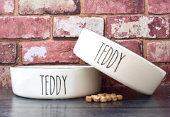 Personalised Dog Bowls and Treat Jar Set In Skinny Font Design