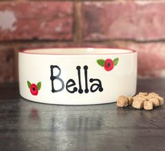 Personalised Dog Bowls and Treat Jar Set In Poppy Design