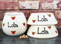 Personalised Poppy Design Slanted Dog Bowls and Treat Jar Set