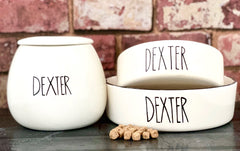 Personalised Dog Bowls and Treat Jar Set In Skinny Font Design