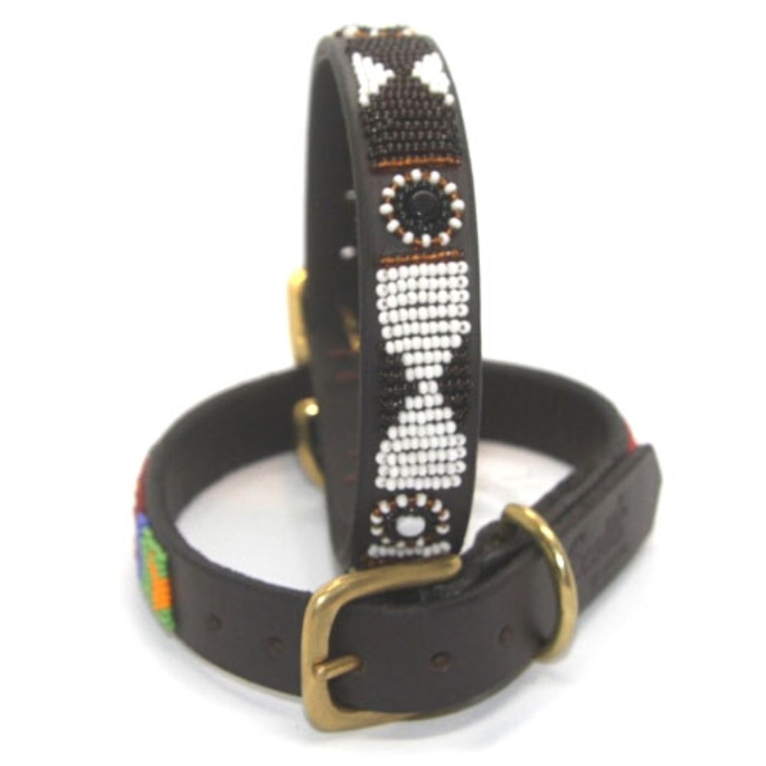 Luxury Masai Beaded Leather Dog Collars In Earth