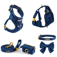 Luxury Royal Blue Velvet Harness, Dog Collar And Bow Tie, Lead and Poo Bag Holder Complete Set