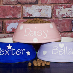 Personalised Ceramic Slanted Polka Dots Dog Bowls Hearts, Stars Chelsea Dogs
