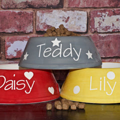 Personalised Ceramic Slanted Polka Dots Dog Bowls Hearts, Stars Chelsea Dogs