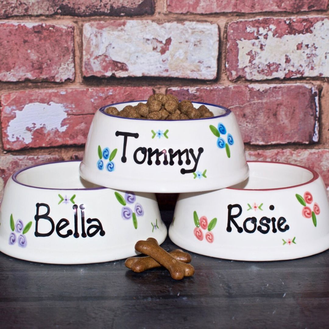 Personalised Ceramic Slanted Roses Dog Bowls