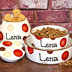 Personalised Ceramic Spotty Dog Bowls & Treat Jar Set