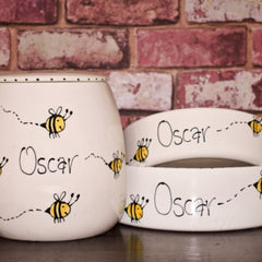 Personalised Dog Bowls And Treat Jar Set In Busy Bee Design