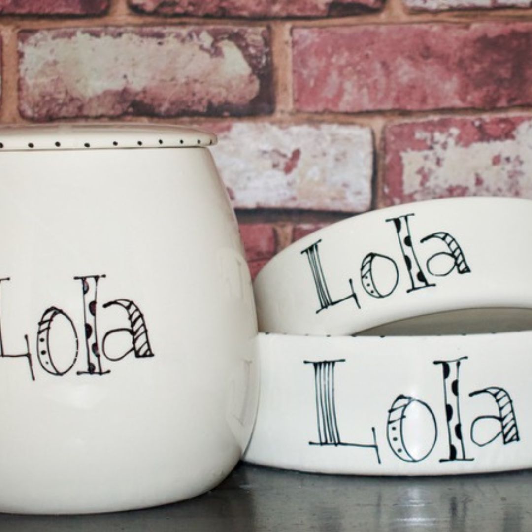 Personalised Dog Bowls And Treat Jar Set In Doodle Design