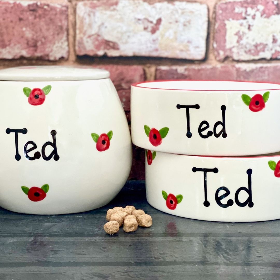 Personalised Dog Bowls and Treat Jar Set In Poppy Design