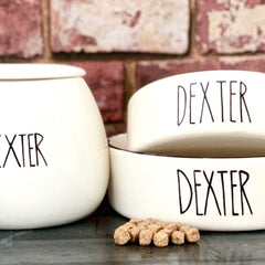 Personalised Dog Bowls and Treat Jar Set In Skinny Font Design