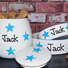 Personalised Dog Bowls And Treat Jar Set In Star Design