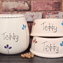 Personalised Petal Design Slanted Dog Bowls and Treat Jar Set