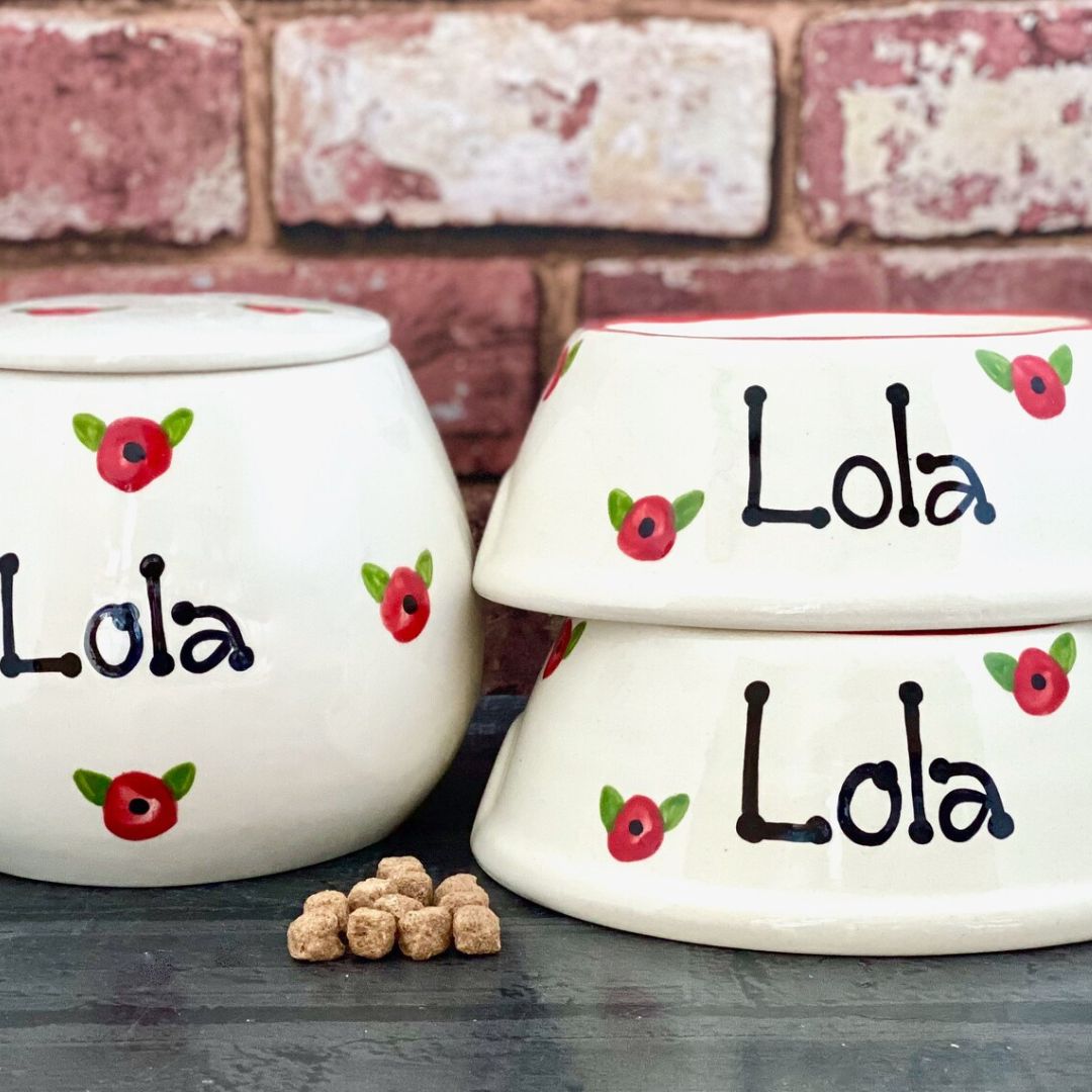 Personalised Poppy Design Slanted Dog Bowls and Treat Jar Set