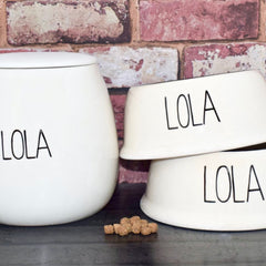 Personalised Skinny Font Slanted Dog Bowls And Treat Jar Set